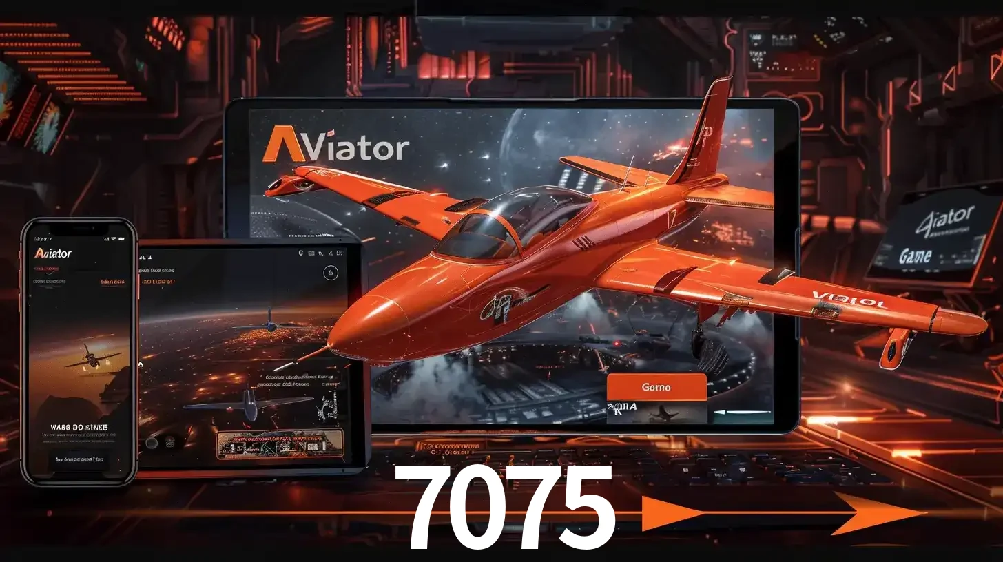 Apresentação tecnológica do jogo Aviator com um avião saindo da tela de um tablet, demonstrando a experiência imersiva em múltiplos dispositivos no 7075.