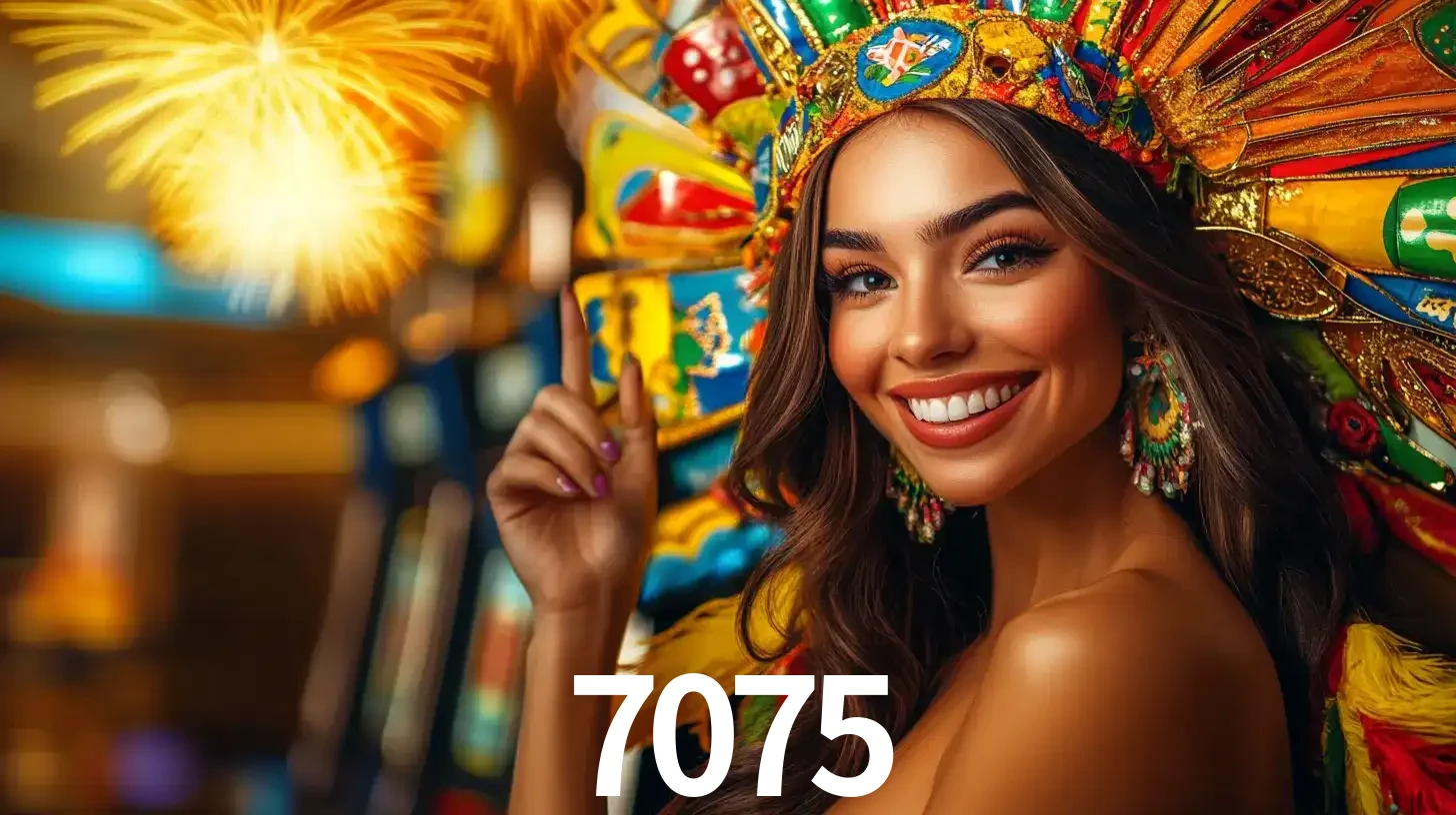 Mulher sorridente com um cocar de carnaval vibrante e colorido, celebrando uma grande vitória nos jogos do cassino 7075 com fogos de artifício ao fundo.