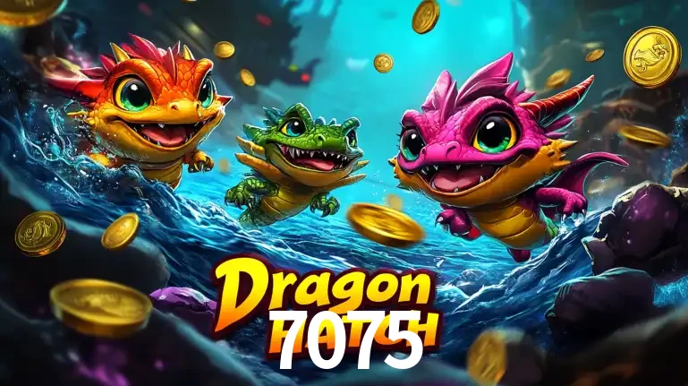Arte promocional do jogo Dragon Hatch com três adoráveis dragões bebês nadando entre moedas de ouro, um dos slots mais divertidos para jogar no cassino 7075.