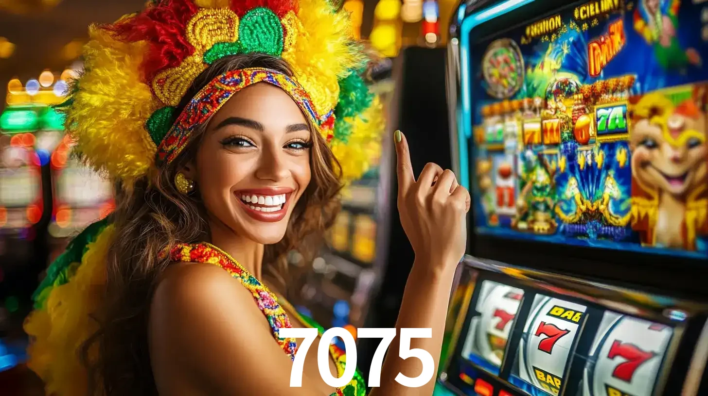 Mulher animada com um cocar de carnaval apontando para uma máquina de caça-níqueis, mostrando a emoção de ganhar um grande prêmio nos jogos do 7075.