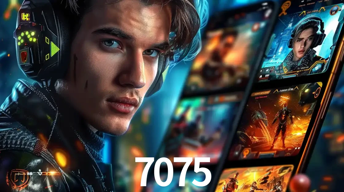 Jovem jogador com fones de ouvido olhando para a câmera, com um aplicativo de jogos e e-sports para celular ao fundo, pronto para a competição e apostas no 7075.