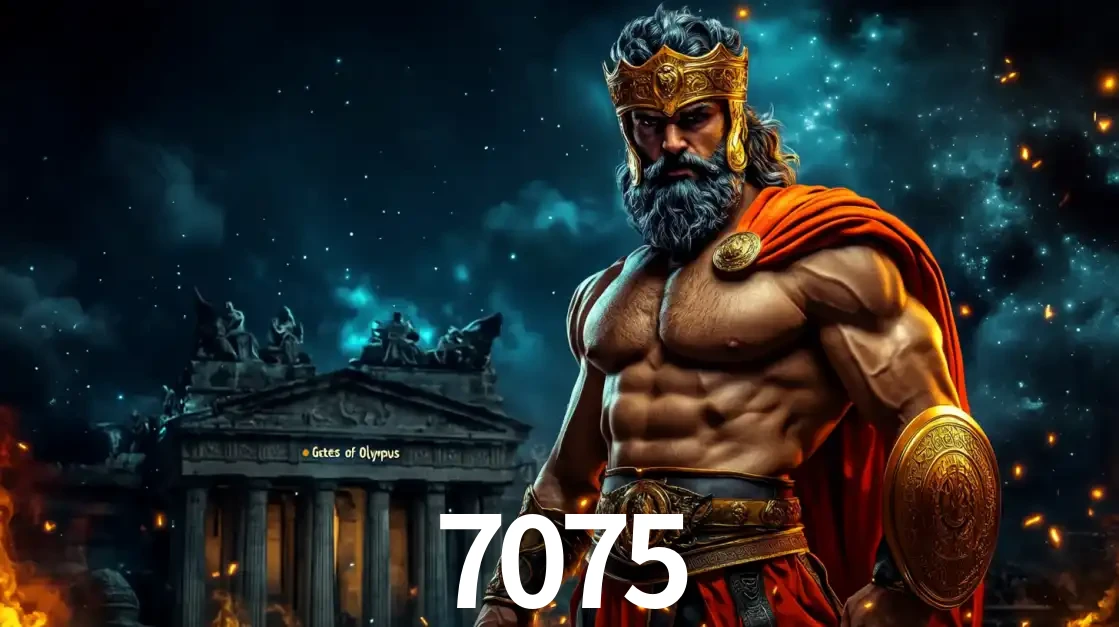 O poderoso Zeus do jogo de slot Gates of Olympus em frente ao seu templo, pronto para lançar multiplicadores divinos e prêmios épicos no cassino online 7075.