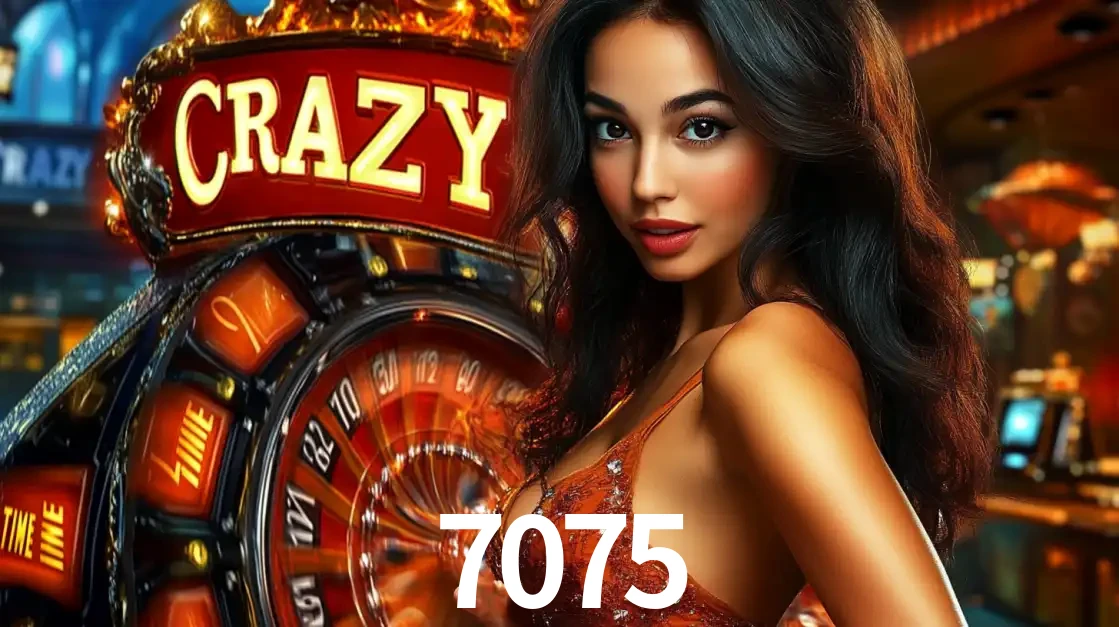 Mulher glamourosa olhando para a câmera com a roda vermelha do Crazy Time ao fundo em um ambiente de cassino, destacando a emoção dos jogos ao vivo no 7075.
