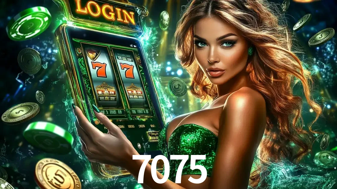 Mulher com tema verde apresentando o aplicativo do cassino 7075 com um jogo de slot de 777, cercada por fichas de cassino e uma aura de sorte.