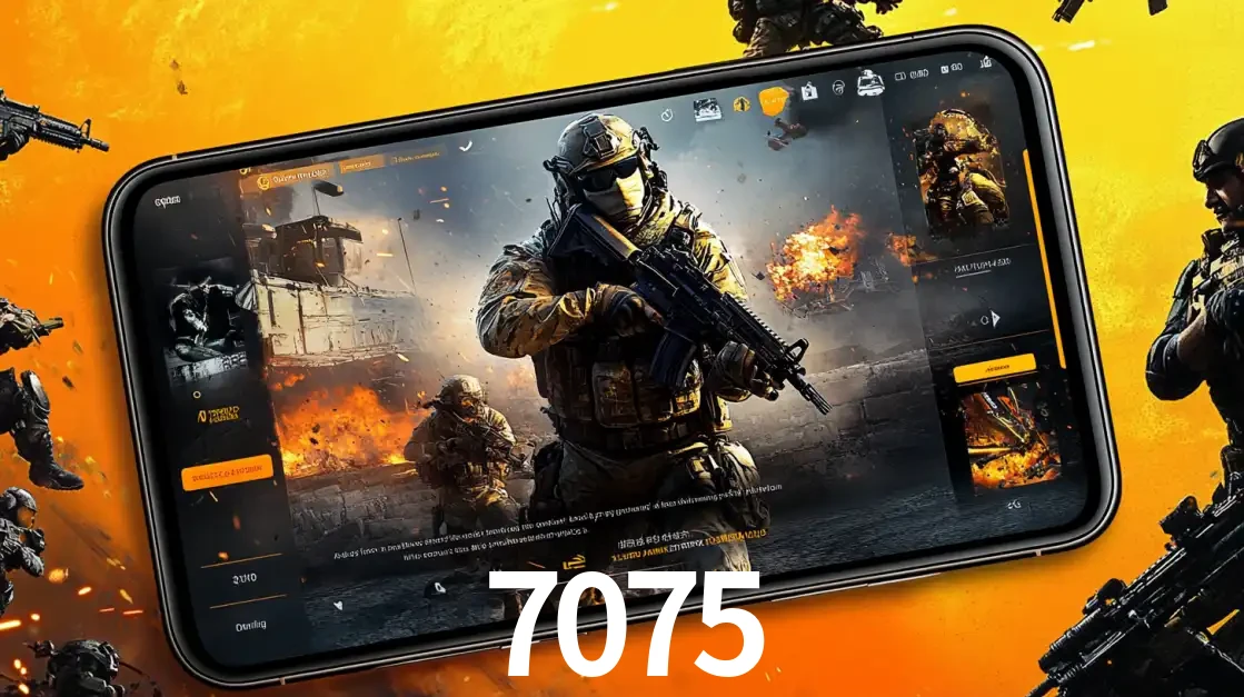 Um smartphone exibindo a interface de um jogo de tiro em primeira pessoa, com um soldado em um cenário de batalha, representando a ação dos e-sports para apostar no 7075.