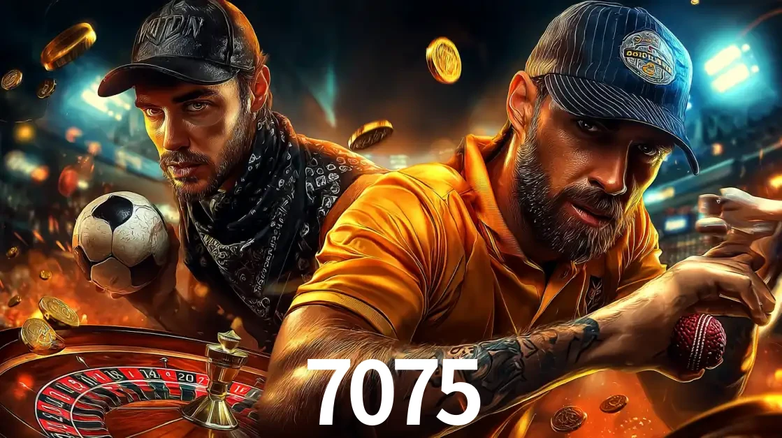 Montagem de apostas esportivas e cassino no 7075, com um homem segurando uma bola de futebol e outro uma de beisebol sobre uma roleta e moedas voadoras.