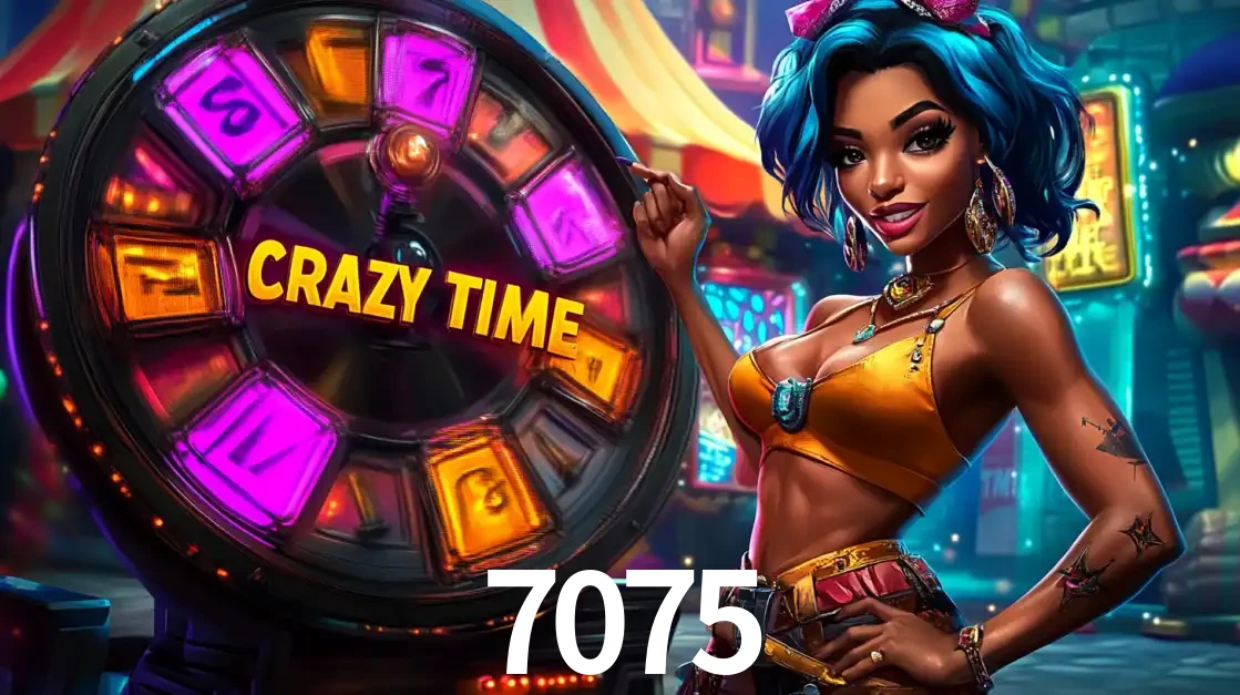 Mulher estilizada com cabelo azul e visual vibrante posando ao lado da roda de prêmios do game show Crazy Time, convidando para a diversão e os bônus do cassino 7075.