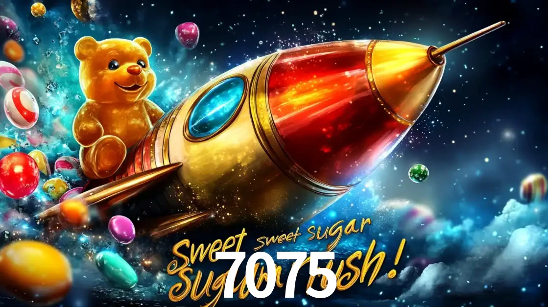 Arte promocional do jogo de slot Sugar Rush, com um urso de pelúcia em um foguete viajando pelo espaço de doces, um dos jogos divertidos disponíveis no cassino 7075.