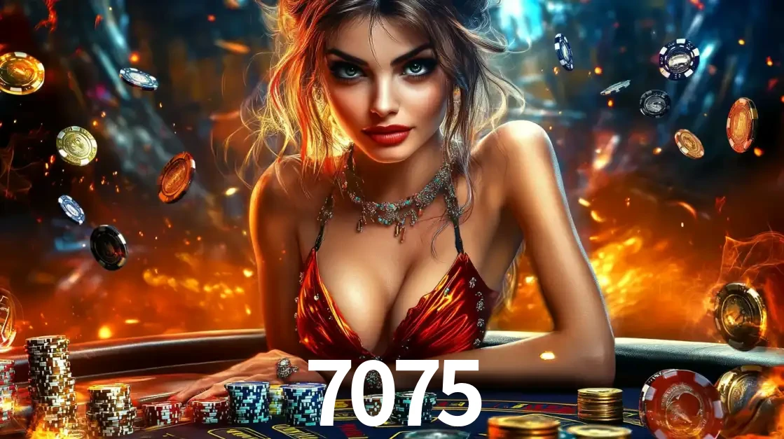 Mulher em uma mesa de cassino com pilhas de fichas e um fundo de fogo, pronta para uma rodada de altas apostas nos jogos de mesa emocionantes do cassino 7075.