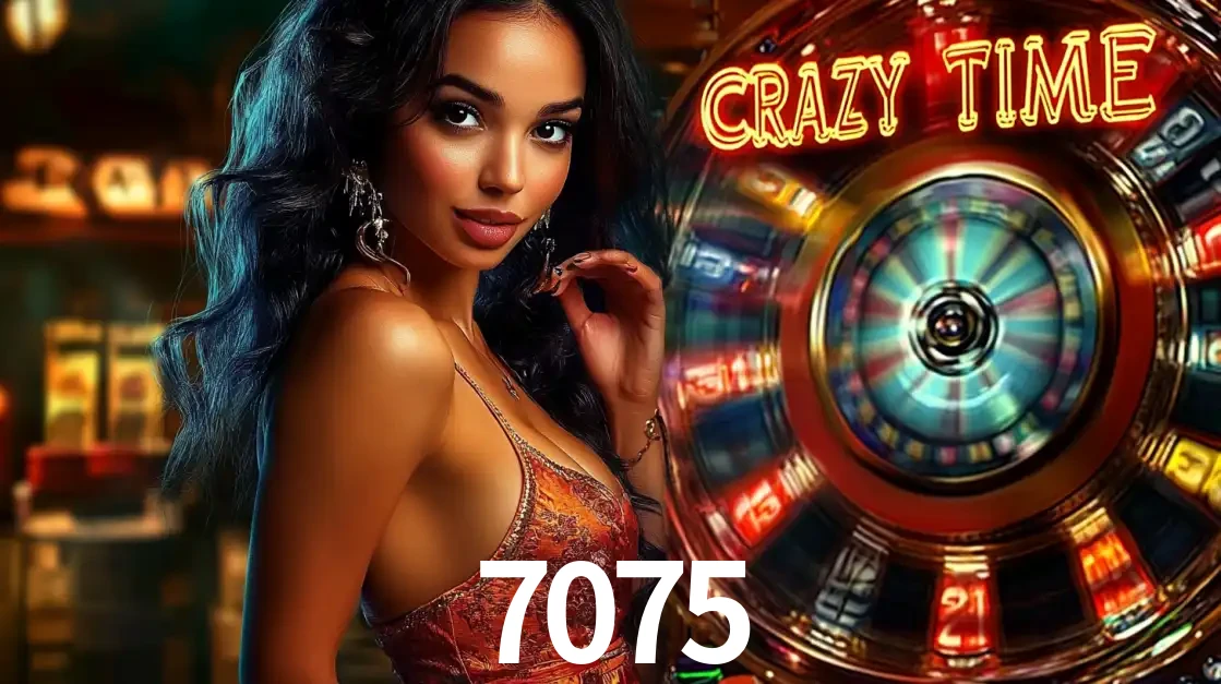 Mulher elegante ao lado da vibrante roda da fortuna do jogo de cassino ao vivo Crazy Time, um dos game shows mais populares e cheios de prêmios do 7075.