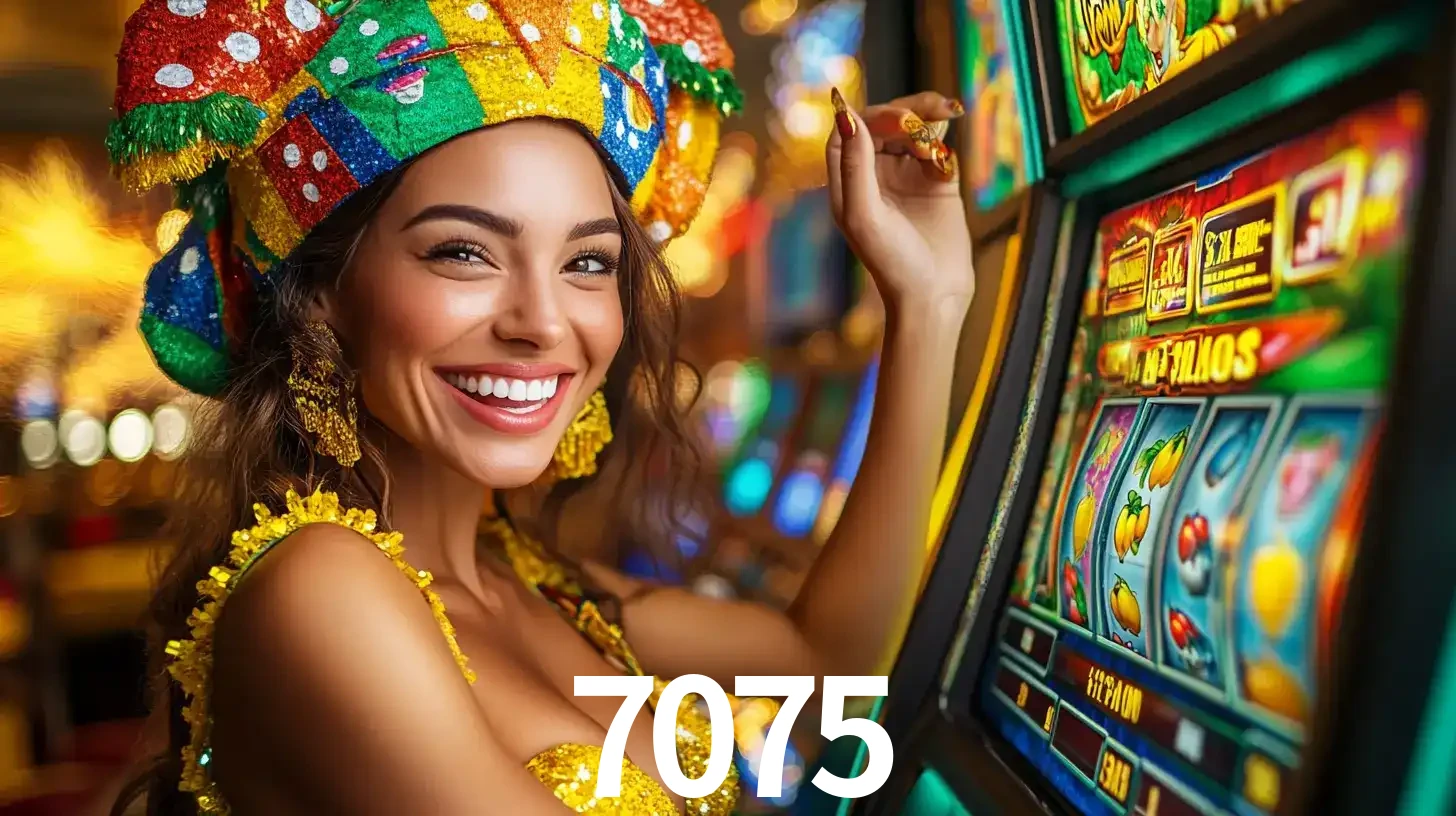 Mulher feliz com traje de carnaval amarelo e colorido ao lado de uma máquina de caça-níqueis, aproveitando a diversão e os jogos temáticos do cassino 7075.