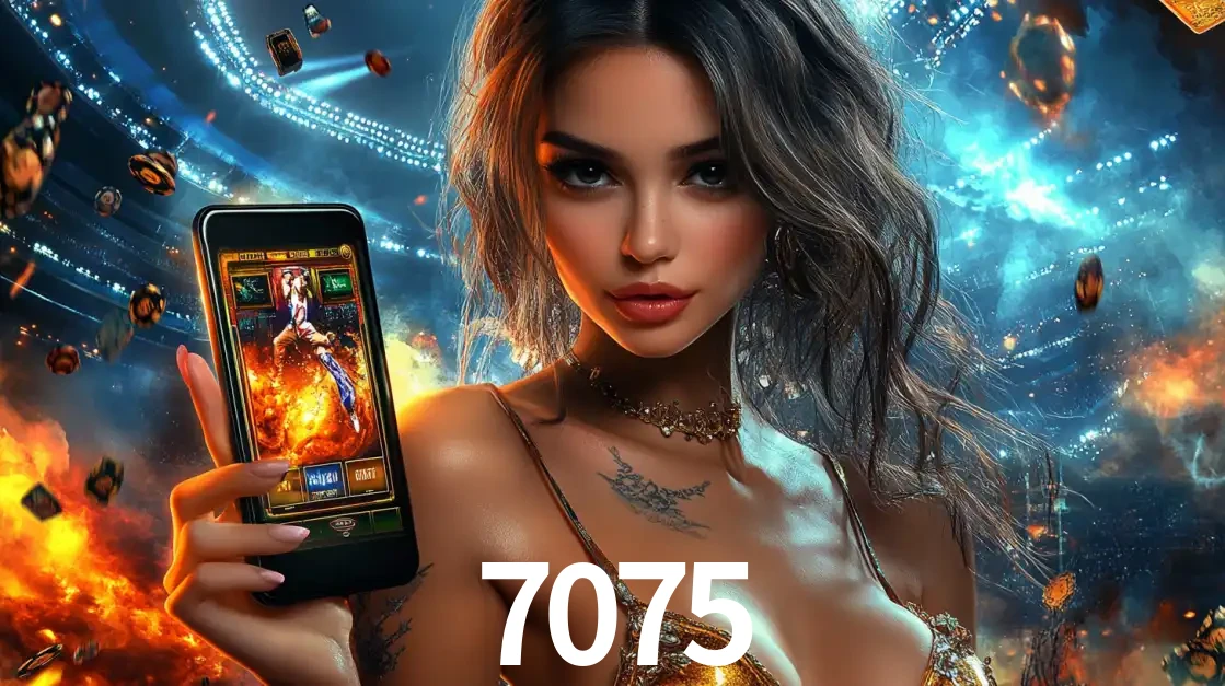 Mulher segurando um celular com um jogo de slot em destaque, tendo como fundo um estádio vibrante, simbolizando a emoção de jogar no cassino móvel 7075.