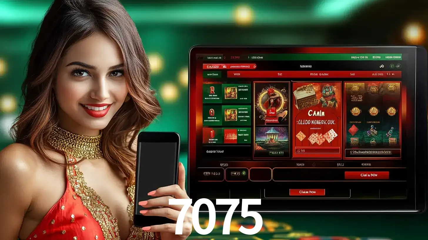 Mulher sorridente segurando um smartphone, ao lado de uma tela exibindo o lobby de jogos do cassino online 7075, com várias opções de jogos de cartas e slots.